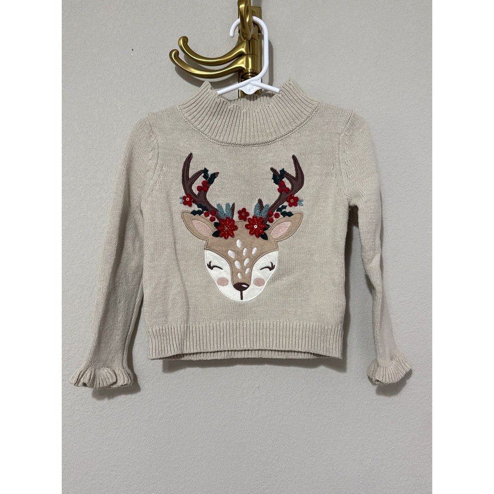 Cynthia Rowley Reindeer Sweater Kids 2T Beige Floral Knit Ruffle Mock Neck